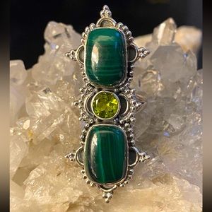 Malachite peridot boho chic sterling silver long ring